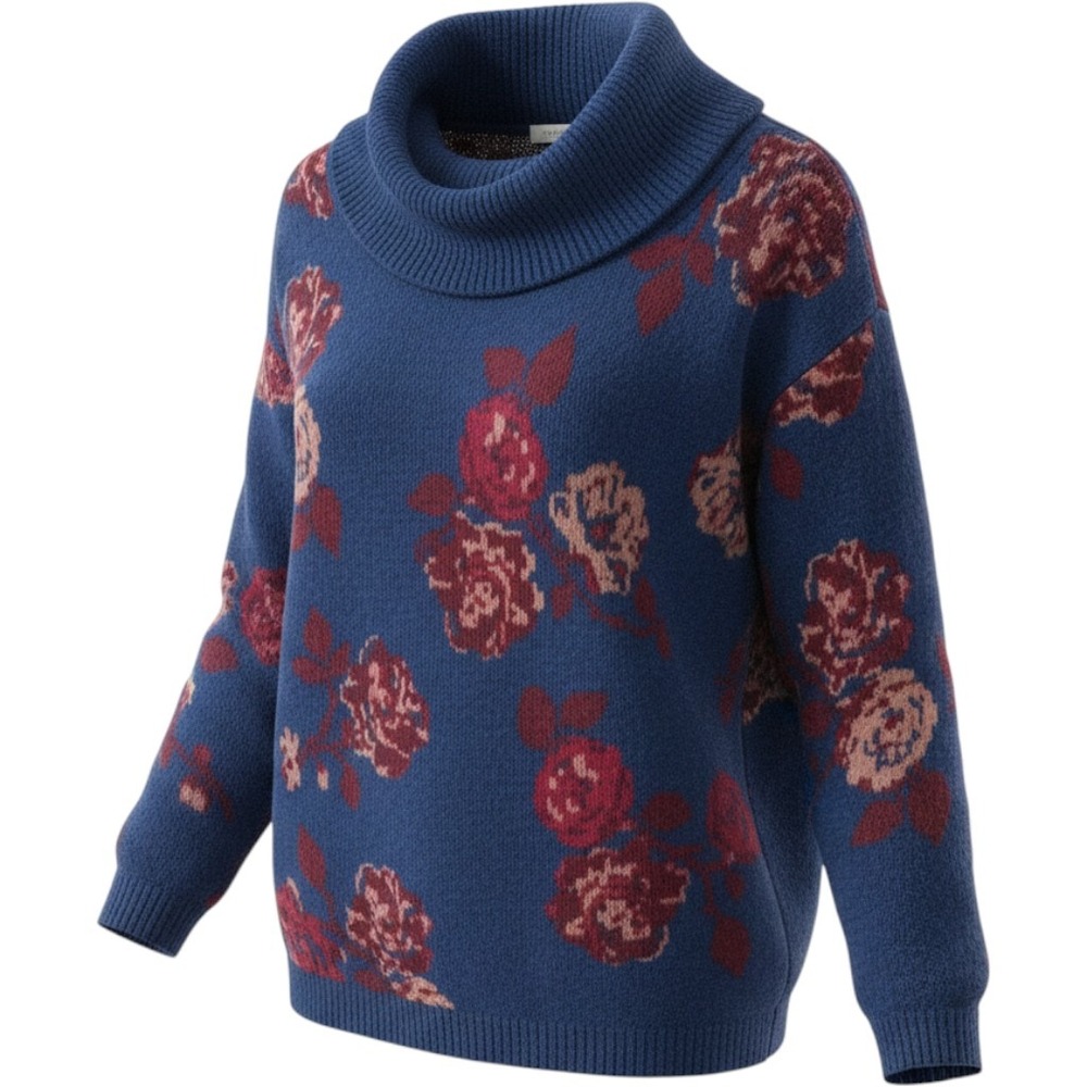 Pioneer Woman Boho Royal Blue Red Floral Sweater Large Cowl Neck Grandmacore